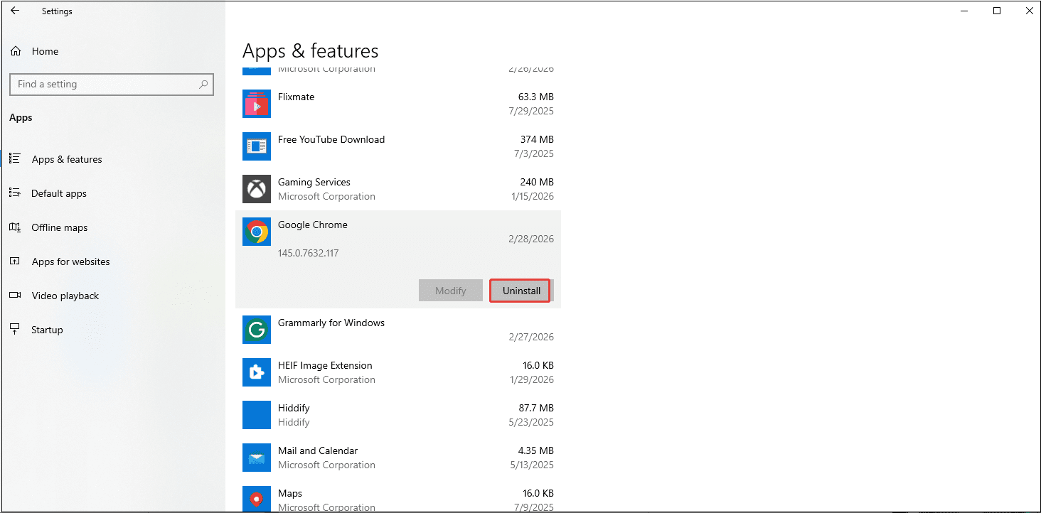 Windows Apps & features Settings interface with the Uninstall option selected under Google Chrome.