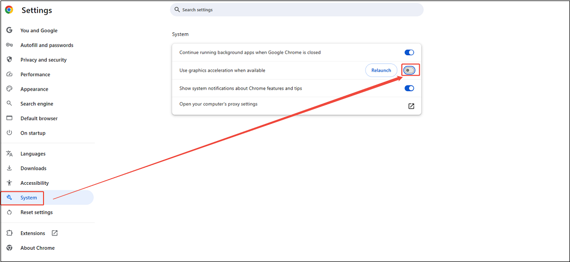 Chrome Settings interface showing how to disable the hardware acceleration.