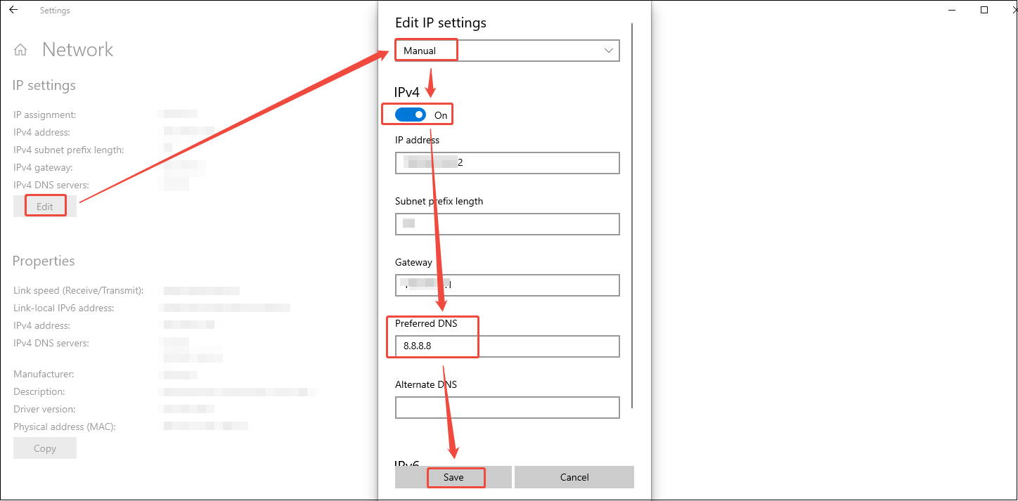 Windows Settings Network interface showing how to edit IP settings.