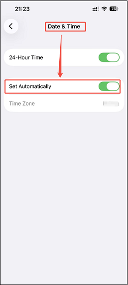 iPhone Data & Time settings interface with the Set Automatically option selected.