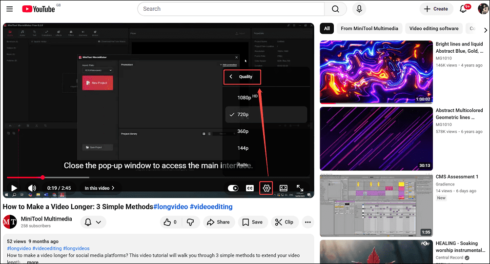 YouTube playback interface showing how to change the video quality.