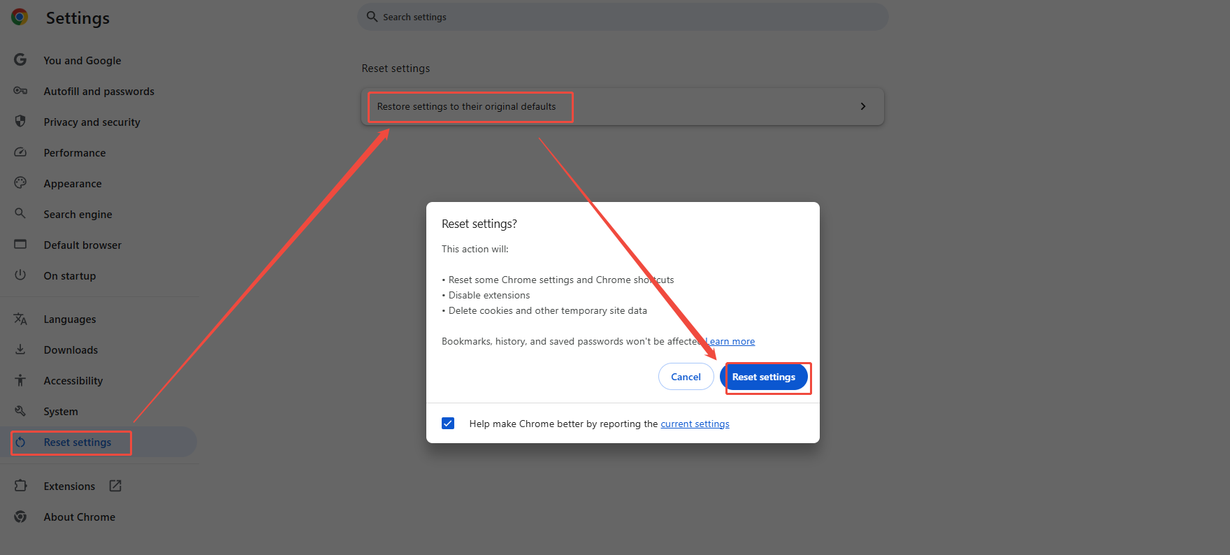 Chrome Setting window showing how to reset browser settings.