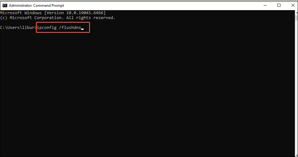 Administrator Command Prompt interface showing how to input the command to flush the DNS cache.