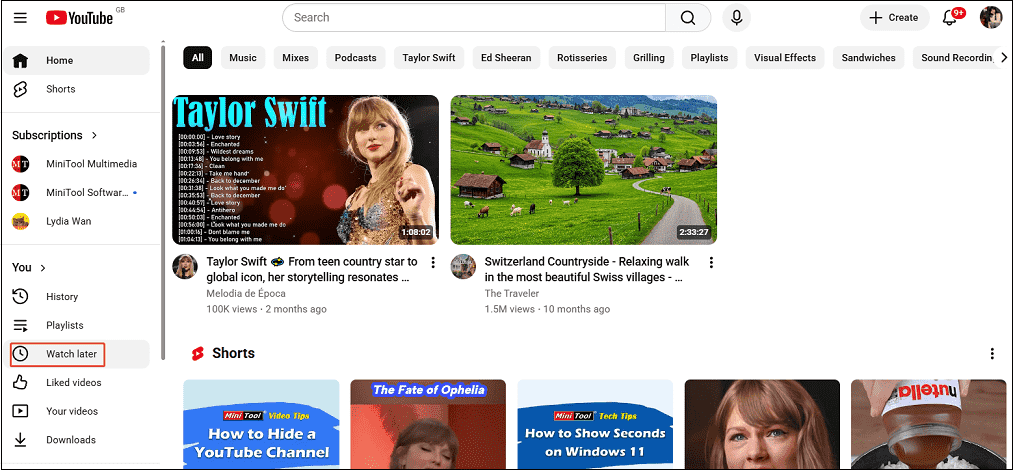 YouTube interface with the Watch later option selected.