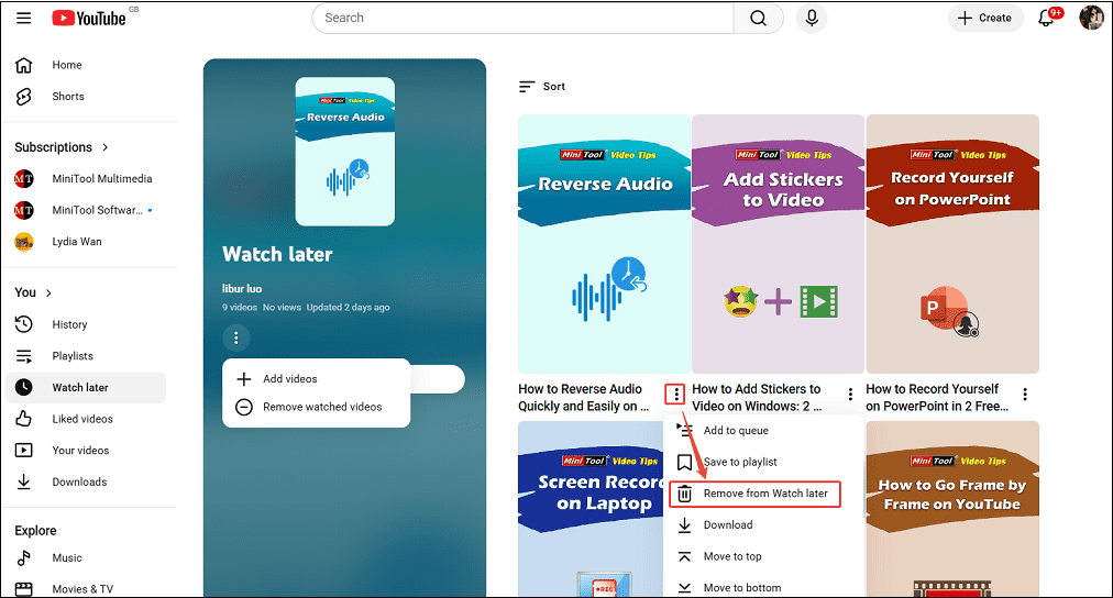 YouTube interface showing how to remove a video from Watch later.