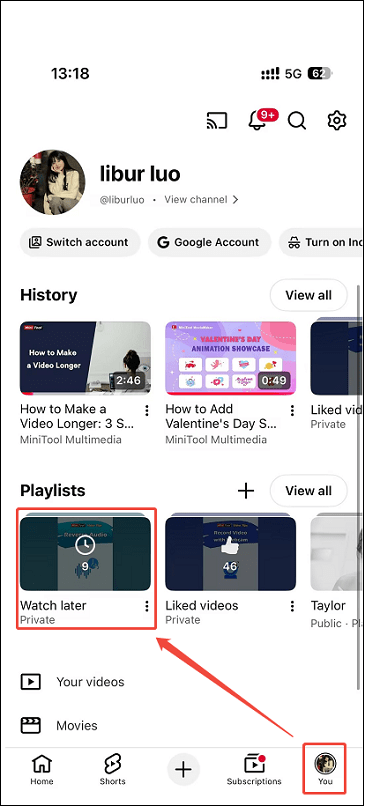 YouTube interface showing how to open the Watch later list on iPhone.