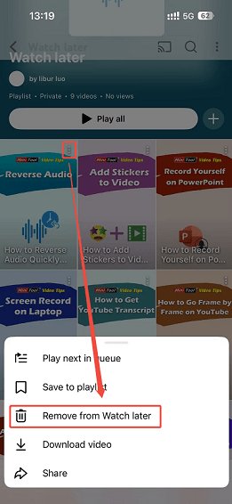 YouTube interface showing how to remove a YouTube video from Watch later on iPhone.
