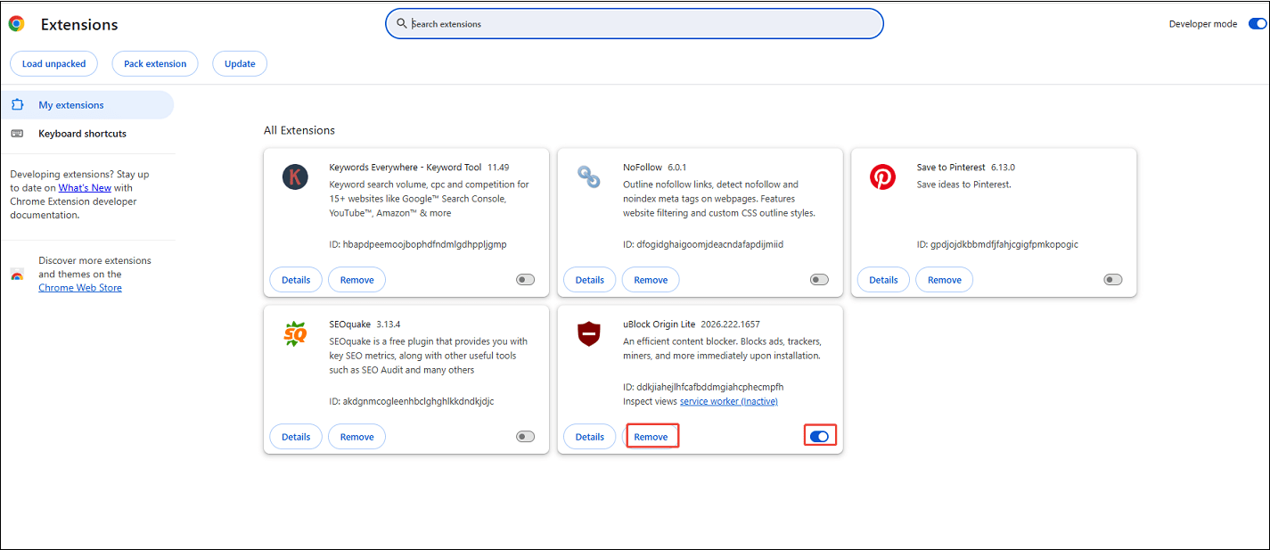 Chrome Manage Extension interface that shows how to disable or remove an extension.