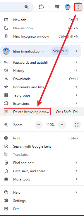 Google Chrome interface that shows how to expand the More menu and enter the Deleted browsing data interface.