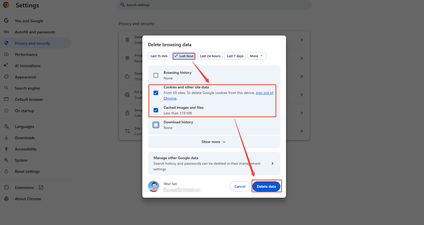 Chrome Delete browsing data interface that shows how to clear a period of cache and cookies.