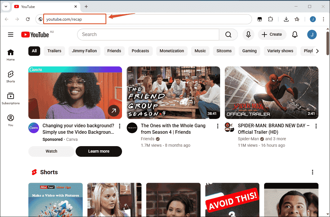 YouTube website interface showing how to check the YouTube Recap.