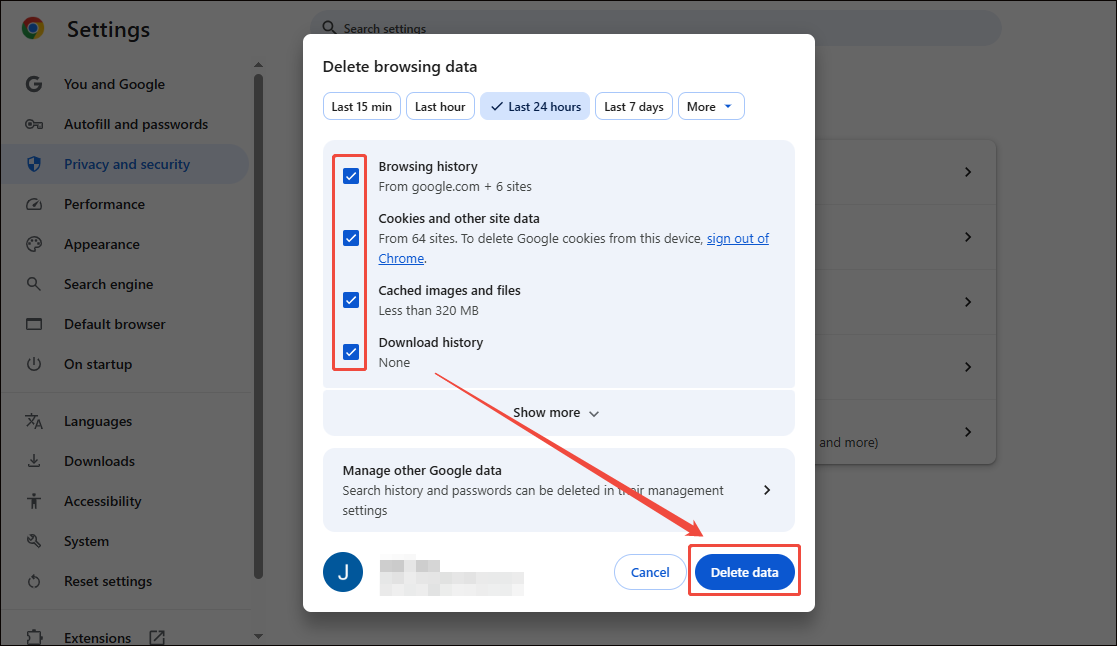The Settings interface of Chrome showing how to delete the browsing data.