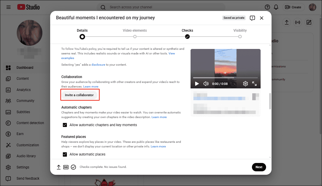 The Upload videos interface of the YouTube Studio with the Invite a collaborator option selected.