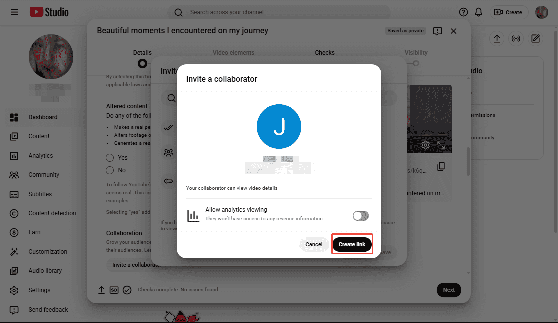 The Invite a collaborator interface of the YouTube Studio with the Create link option selected.
