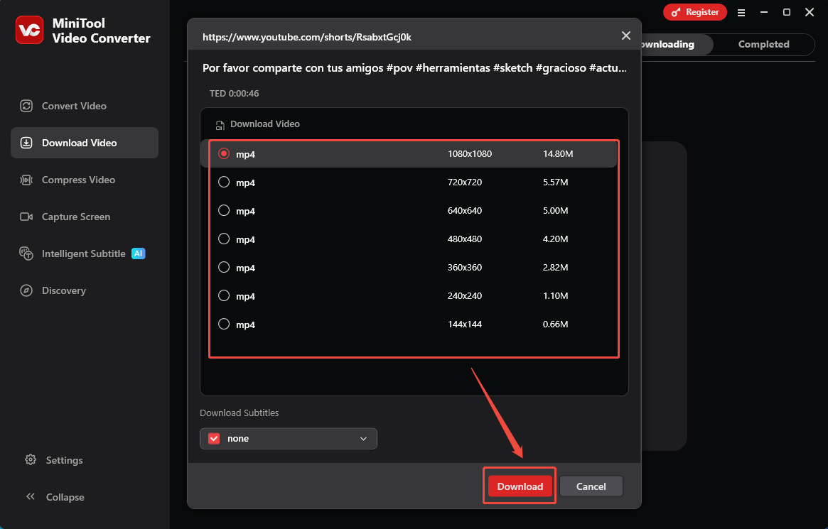 MiniTool Video Converter interface with the Download Video module and Download option selected.