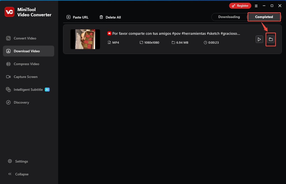 MiniTool Video Converter interface showing how to check the downloaded YouTube Shorts.