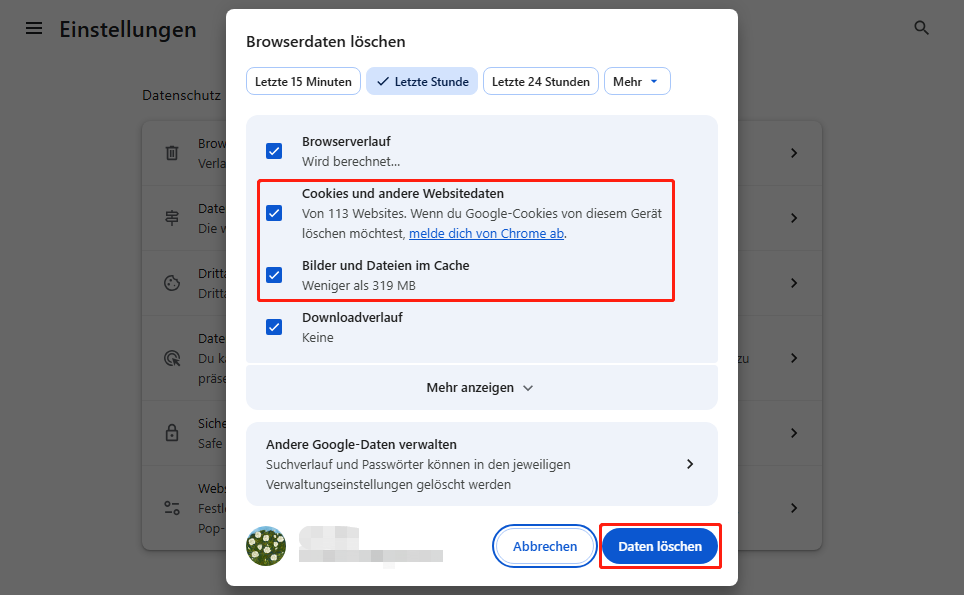 Zusätzlich kann die Option Zeitraum ausgewählt werden, um den Zeitraum zum Löschen des Caches festzulegen. Danach auf Daten löschen klicken.