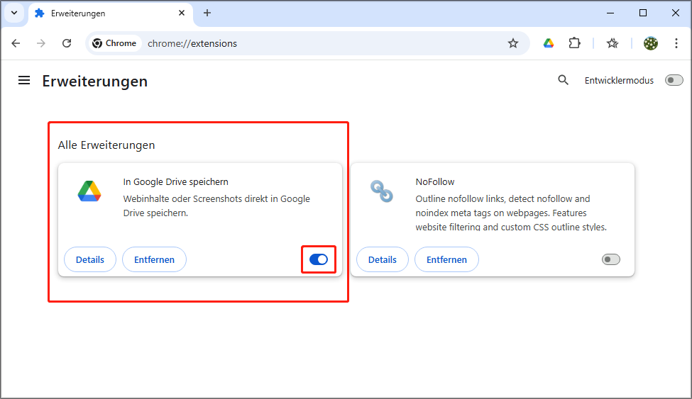 Die unnötigen Erweiterungen ausschalten.