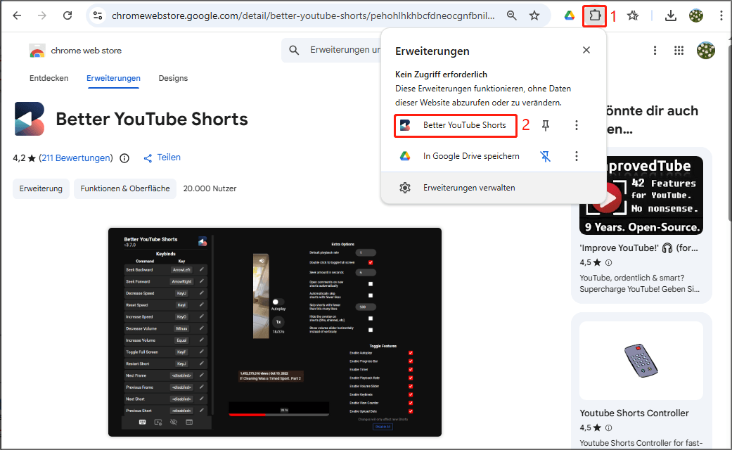 Das Erweiterungssymbol wird angeklickt, dann die Better YouTube Shorts-Erweiterung.