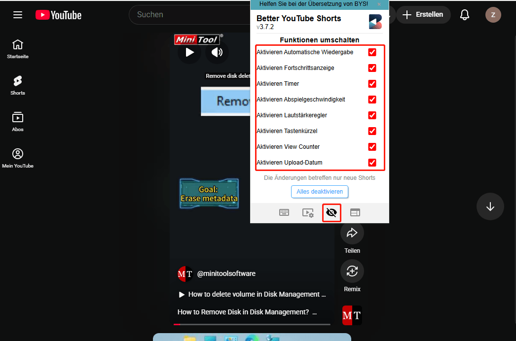 Die Einstellungen in der Erweiterung Better YouTube Shorts anpassen.