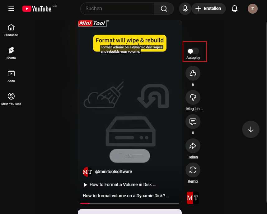 Zur YouTube Shorts-Seite zurückkehren, auf der die Autoplay-Schaltfläche sichtbar ist.