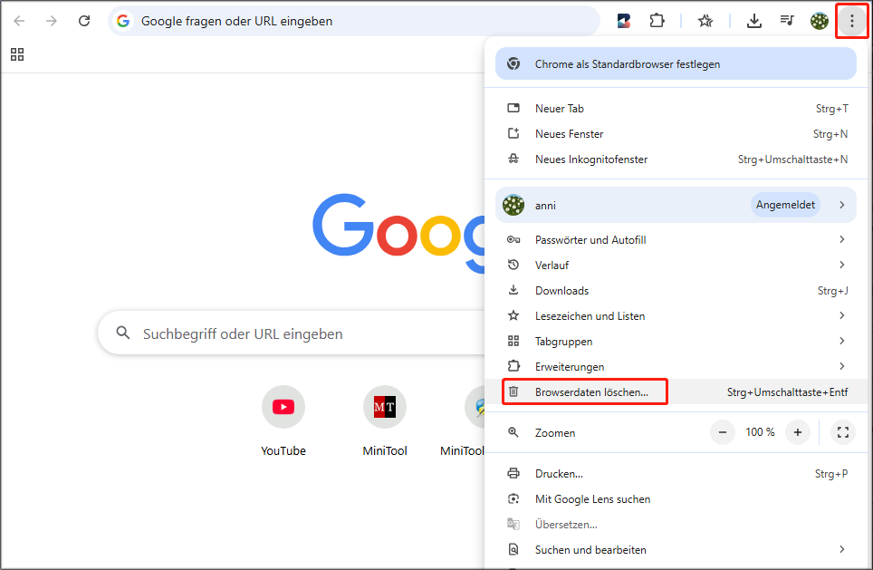 Das Drei-Punkte-Symbol oben rechts im Browserfenster klicken und "Browserdaten löschen" auswählen.