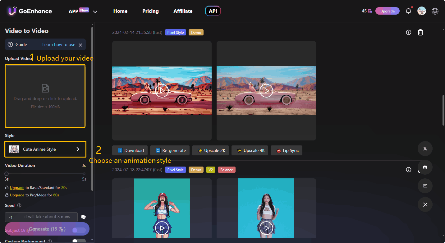 Video auf GoEnhance hochladen und einen Animationsstil auswählen.