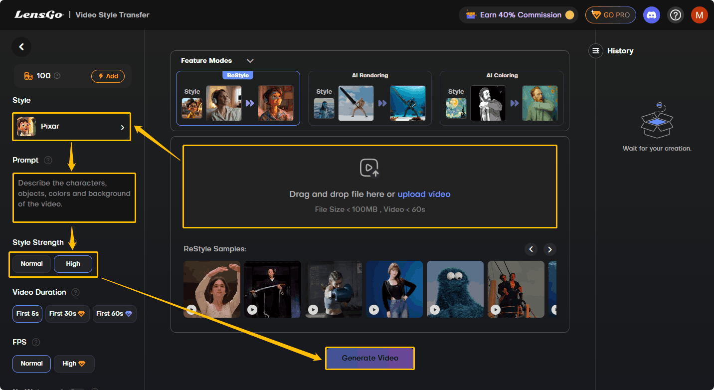 Videos hochladen, Animationsstil auswählen, Prompts eingeben, Stilstärke auswählen und auf Generate Video klicken.