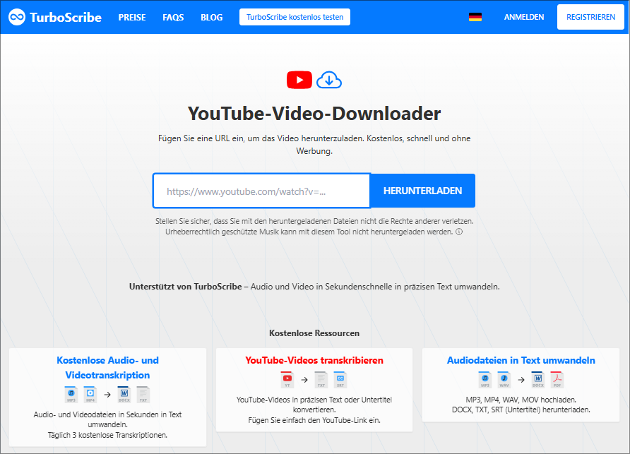 Die Oberfläche zum Herunterladen von Videos bei TurboScribe.