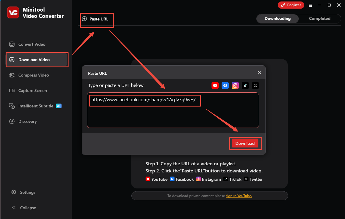 Download-Video-Oberfläche von MiniTool Video Converter mit Analyse eines Facebook-Video-Links.