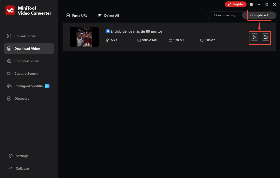 Download-Video-Oberfläche von MiniTool Video Converter mit ausgewähltem Wiedergabesymbol und Ordnersymbol zur Überprüfung der Ausgabedatei.