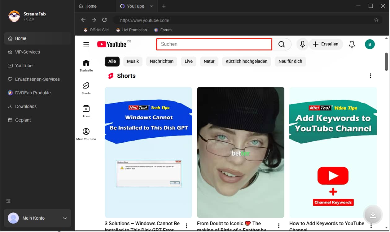 StreamFab YouTube-Download-Oberfläche mit ausgewähltem Suchfeld.