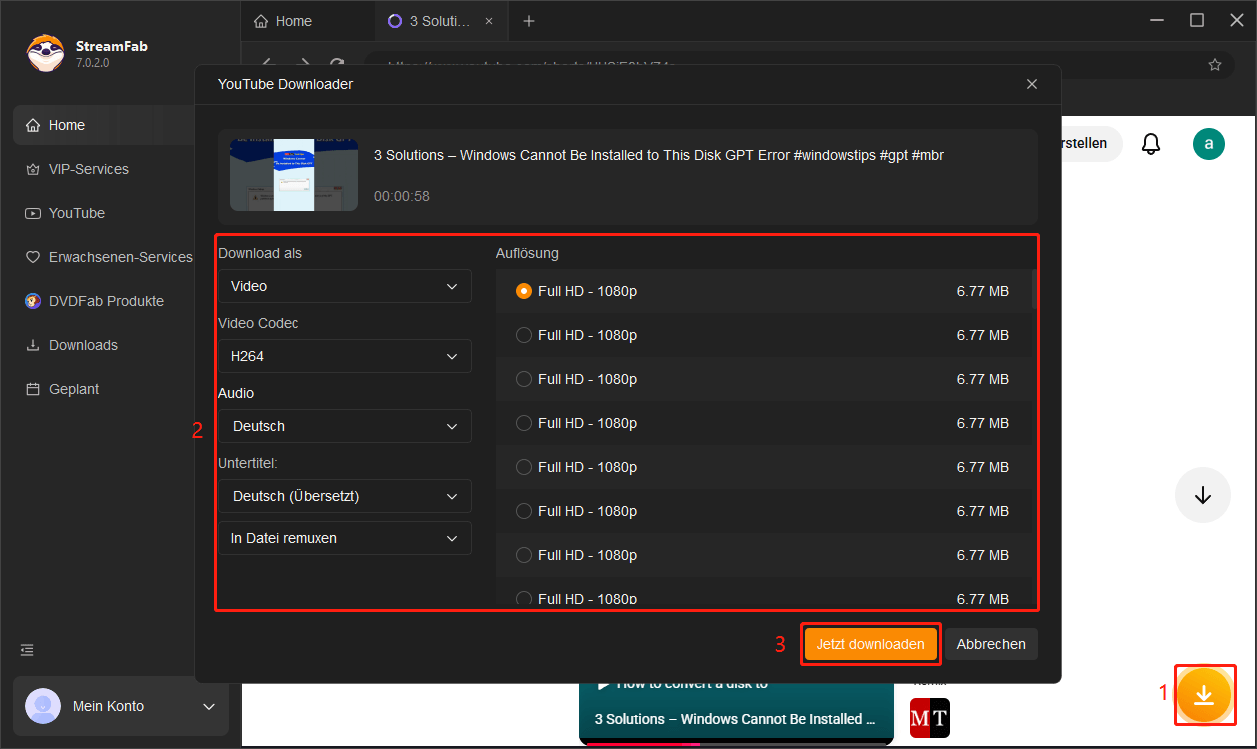 StreamFab YouTube-Download-Oberfläche zeigt, wie Sie Parameter wählen und den Download starten.