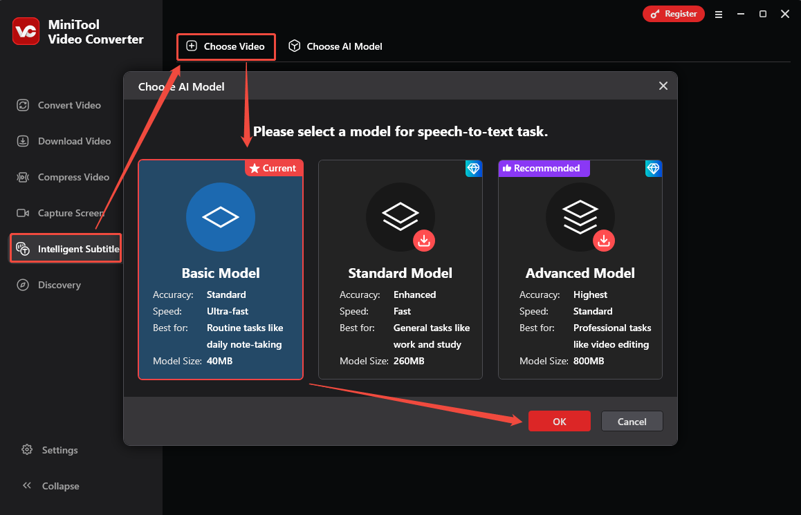 Interface do MiniTool Video Converter mostrando como selecionar um modelo de IA.