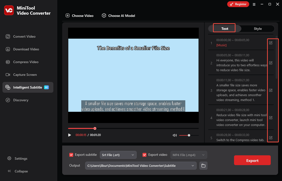 A interface inteligente de legendas do MiniTool Video Converter, com o ícone Editar selecionado em Texto.