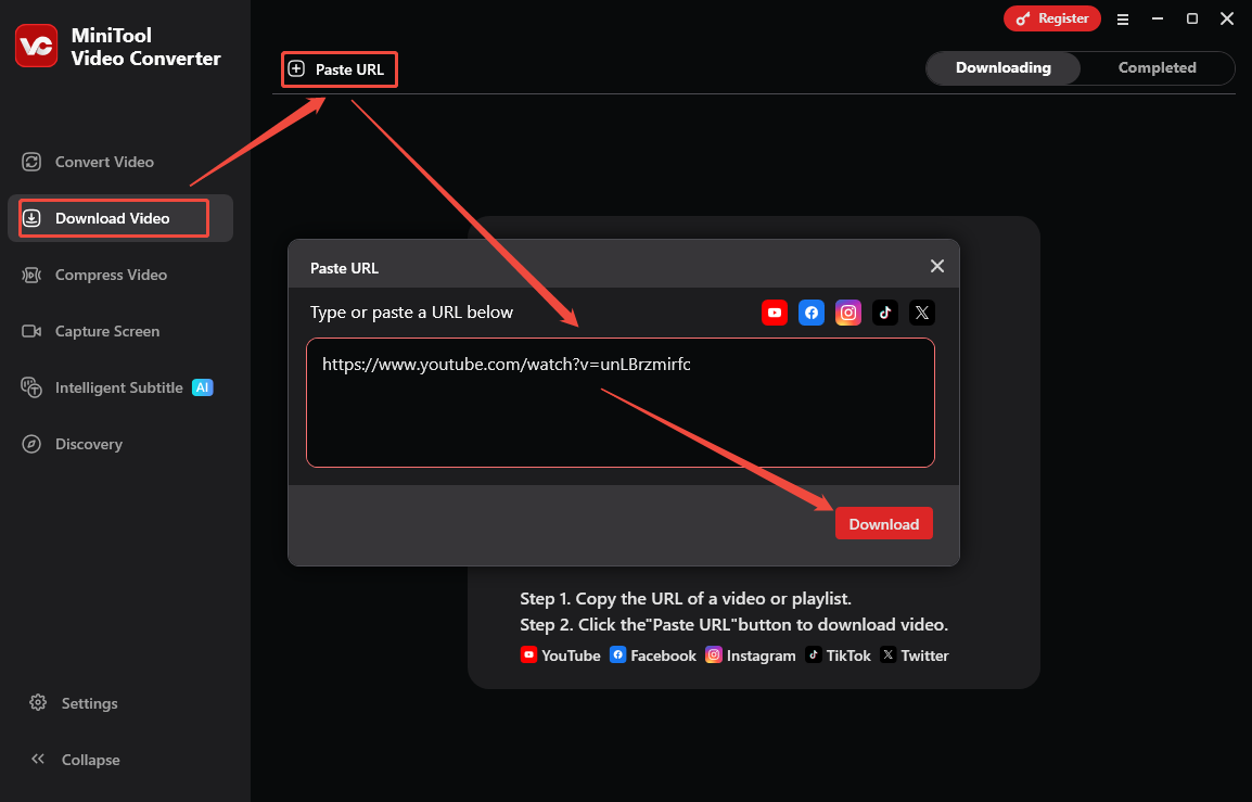 Interface do MiniTool Video Converter mostrando como colar e analisar um link de vídeo do YouTube.