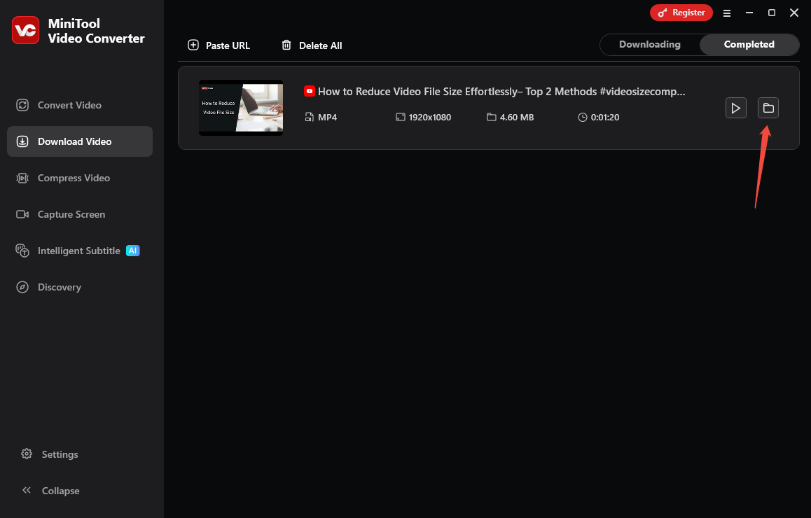 Interface de MiniTool Video Converter avec l'icône de dossier mise en évidence.