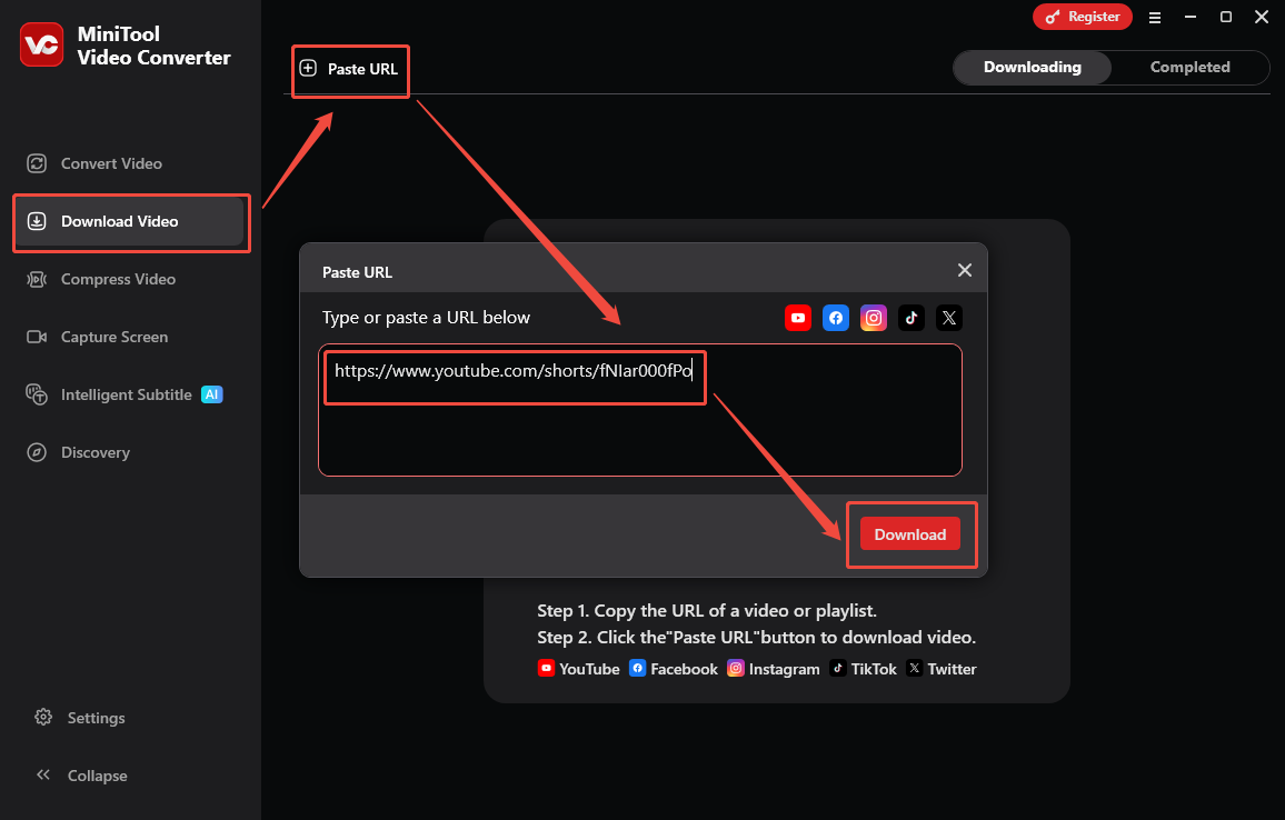 The Download Video interface of MiniTool Video Converter that shows how to analyze the video link.