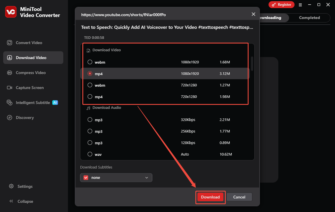 The Download Video interface of MiniTool Video Converter that shows how to set an output format and begin the download.