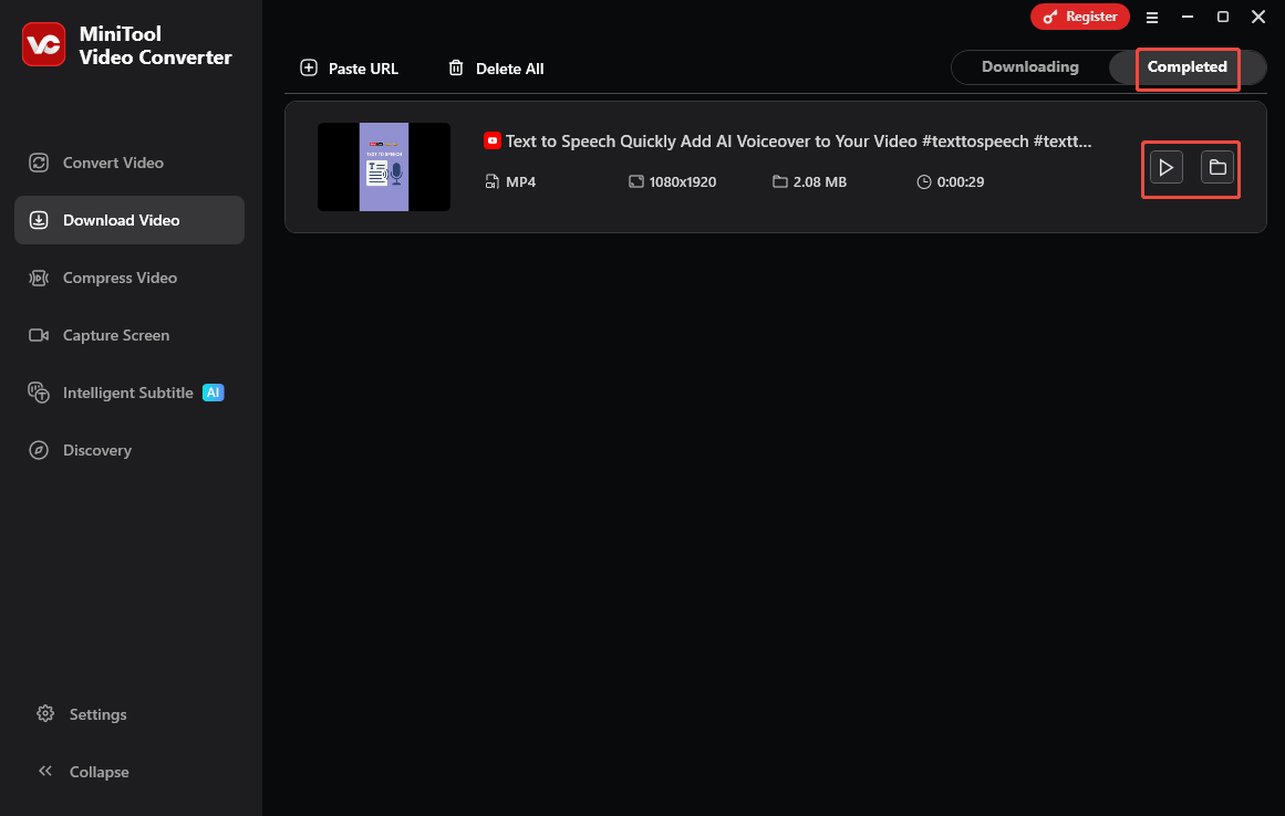 The Download Video interface of MiniTool Video Converter with the Play and Folder icons selected.