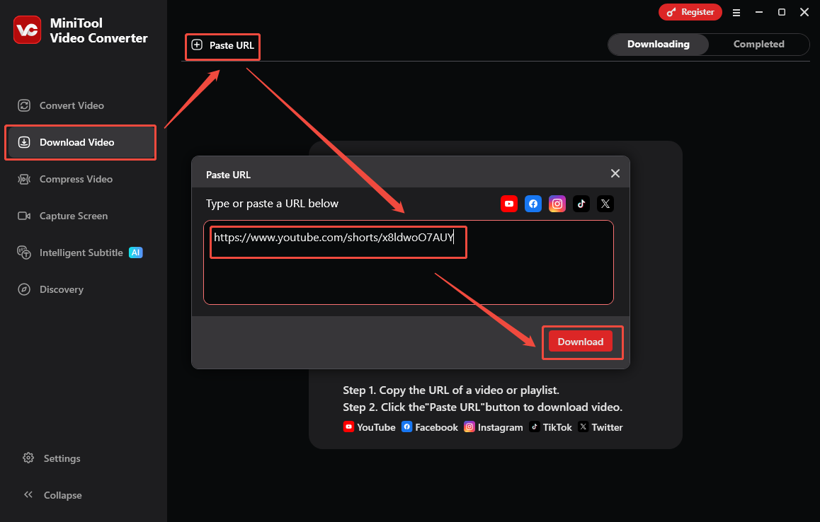 The Download Video interface of MiniTool Video Converter that shows how to analyze the video link.
