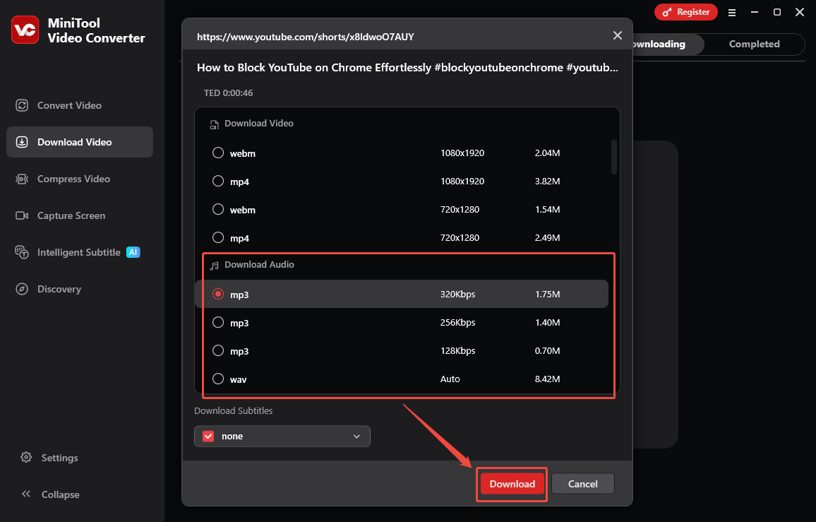 The Download Video interface of MiniTool Video Converter that shows how to set an output format and begin the download.