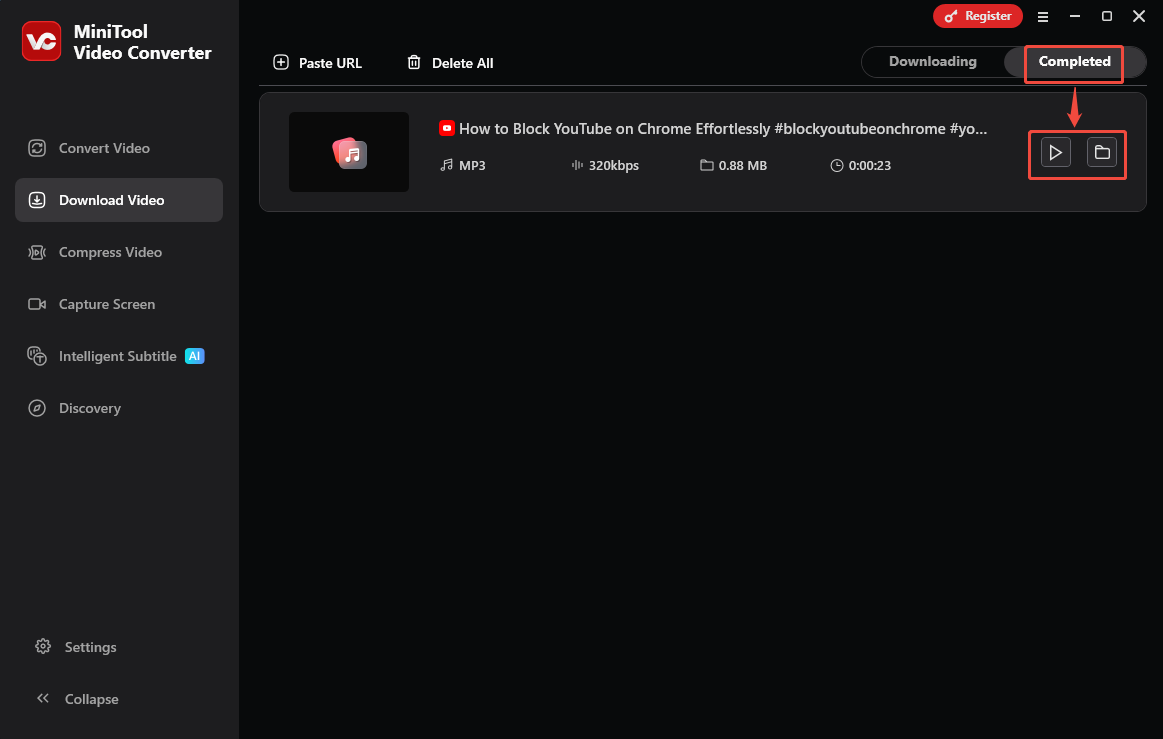 The Download Video interface of MiniTool Video Converter with the Play and Folder icons selected.
