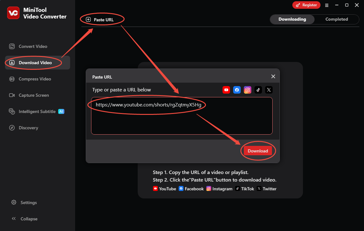 The Download Video interface of MiniTool Video Converter that shows how to analyze the video link.