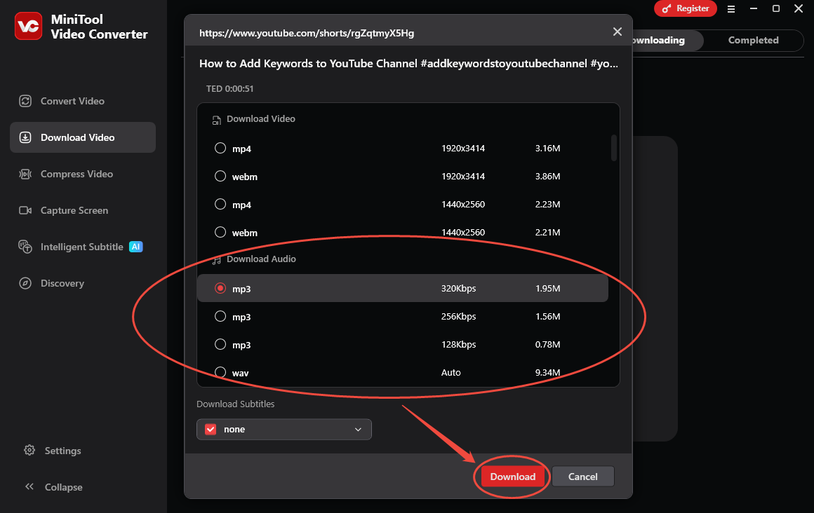 The Download Video interface of MiniTool Video Converter that shows how set an output format and begin the download.
