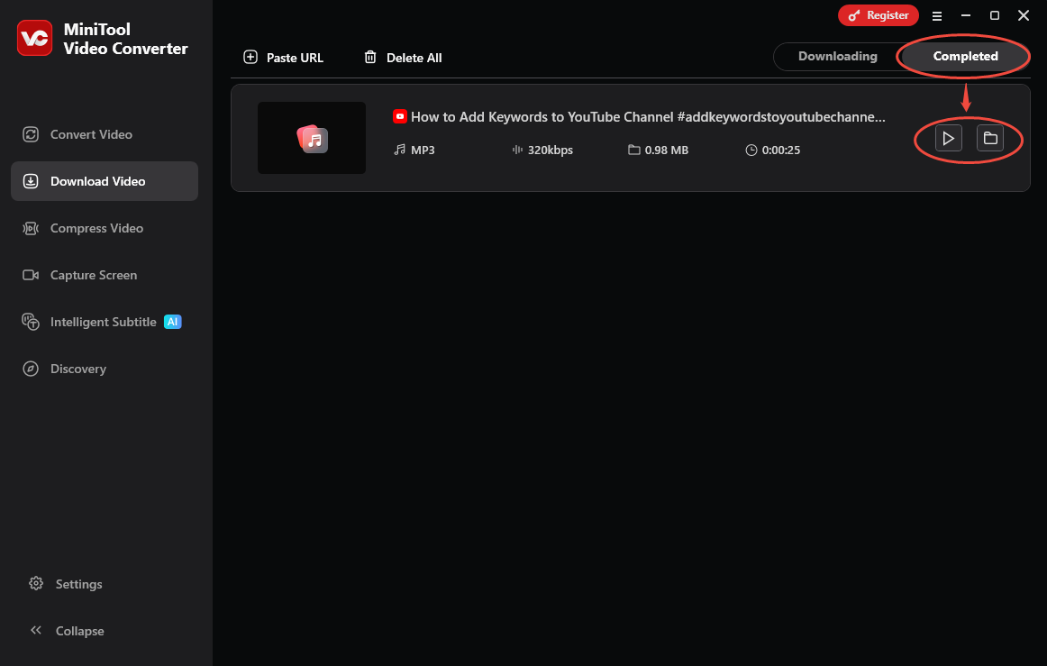 The Download Video interface of MiniTool Video Converter with the Play and Folder icons selected.