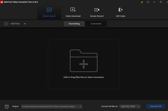 As quatro seções funcionais do MiniTool Video Converter.