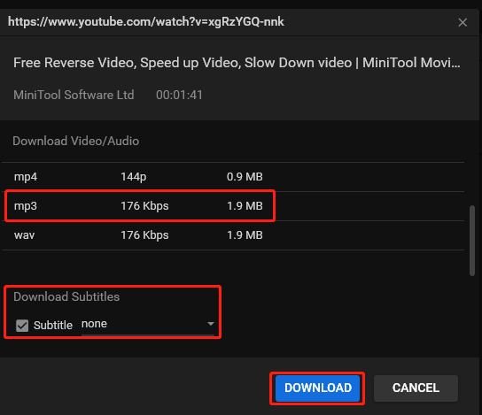 Selecione MP3 como formato de saída, indique se deseja baixar legendas e, em seguida, clique em Baixar no MiniTool Video Converter.