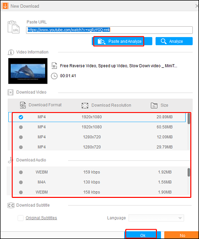 En HD Video Converter Factory Pro, haga clic en «Pegar y analizar», elija un formato de descarga y, a continuación, haga clic en OK.