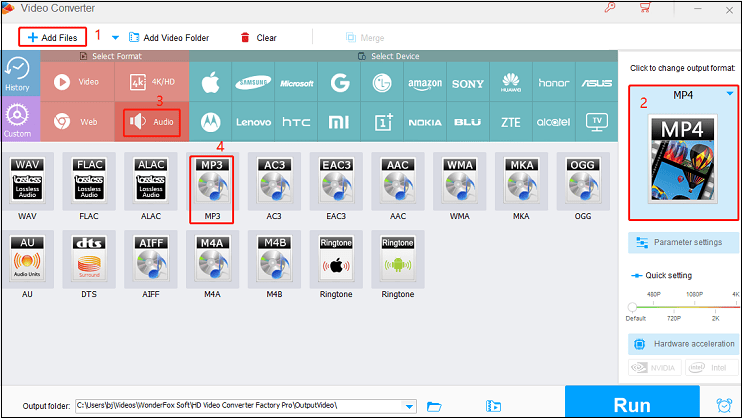 Haga clic en "Add Files", luego haga clic en el icono de formato y seleccione MP3 en la sección "Audio" para establecer el formato de salida en HD Video Converter Factory Pro.